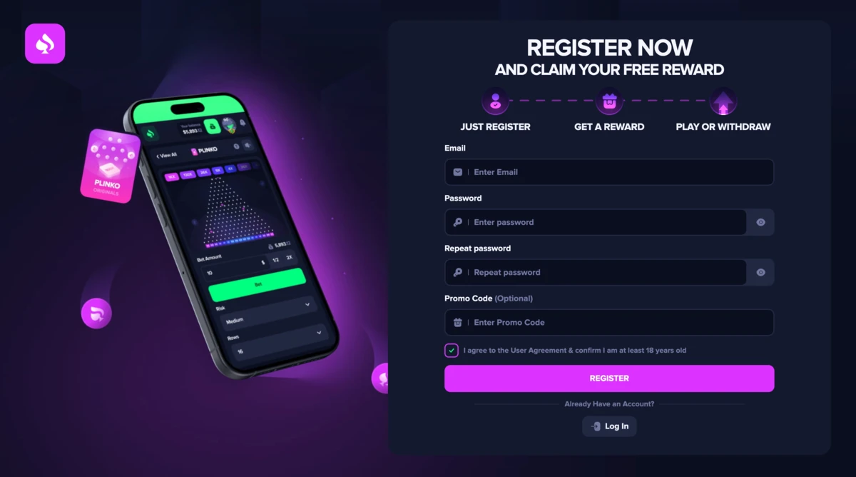 Page d&rsquo;inscription d&rsquo;un casino en ligne affichant un formulaire Register Now avec champs e-mail et mot de passe, un bouton Register violet et une interface mobile du jeu Plinko en arri&egrave;re-plan.