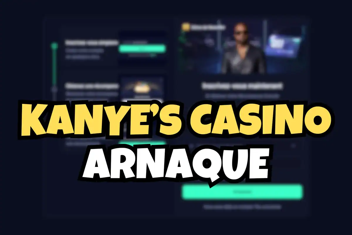 Image d'illustration sur l'arnaque au faux casino Kanye West, avec une fausse interface d'inscription floutée en arrière-plan.