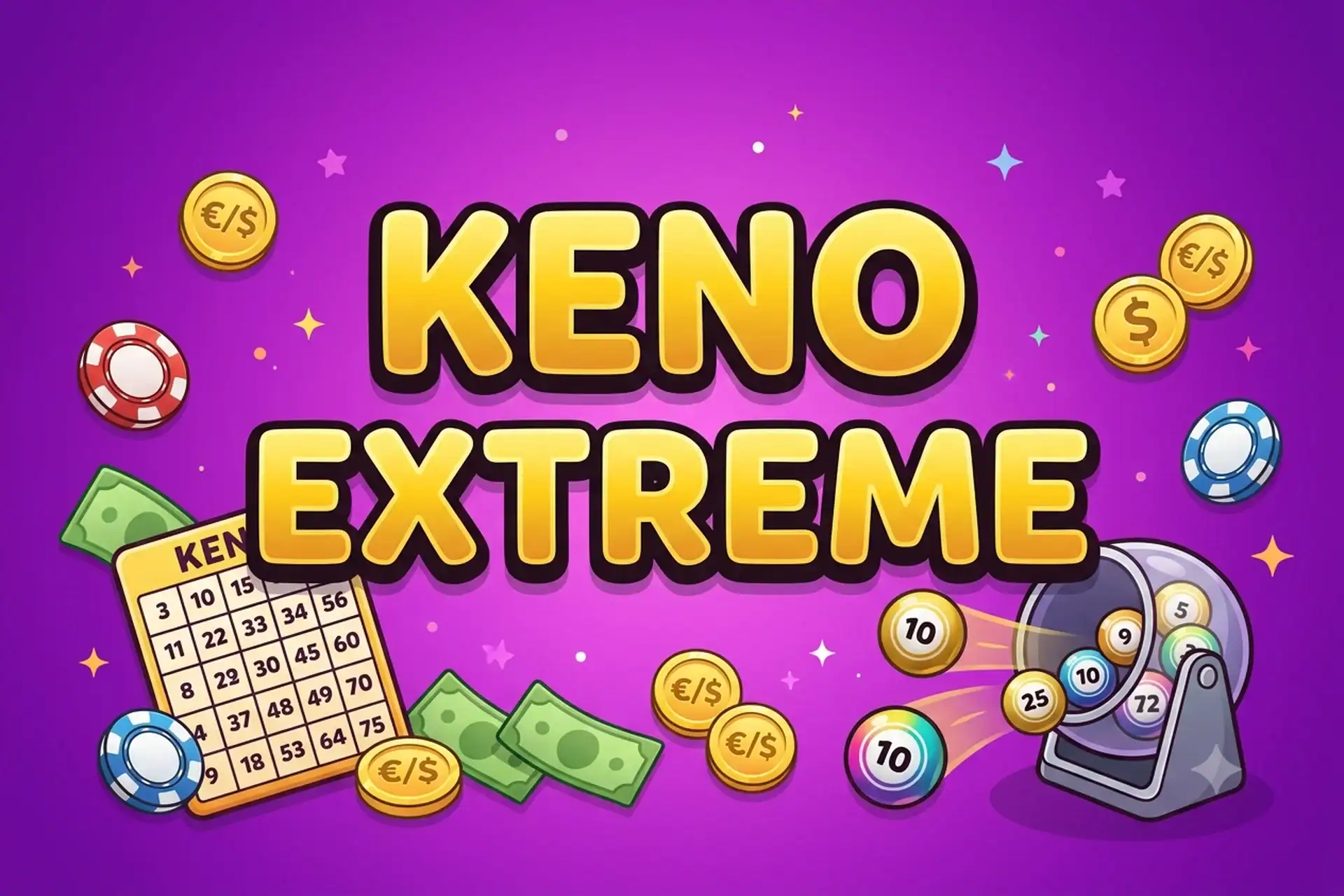 Illustration du jeu Keno Extreme de Degenlab avec une grille de keno numérotée, un boulier qui tire des boules, des jetons et des pièces dorées.