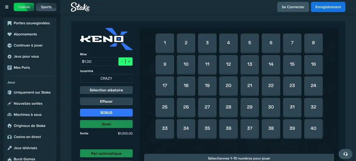 Interface du jeu Keno Xtreme sur Stake avec la grille de 40 numéros, le montant de la mise et le sélecteur de volatilité.