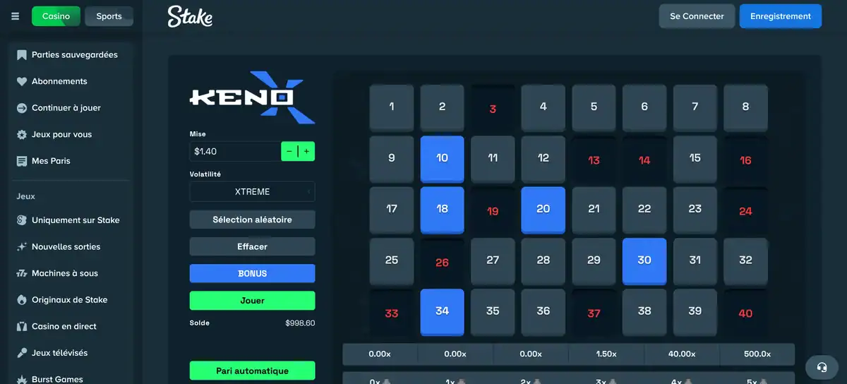 Grille de Keno Xtreme sur Stake avec des numéros sélectionnés en volatilité Xtreme et les multiplicateurs jusqu'à x50 000.