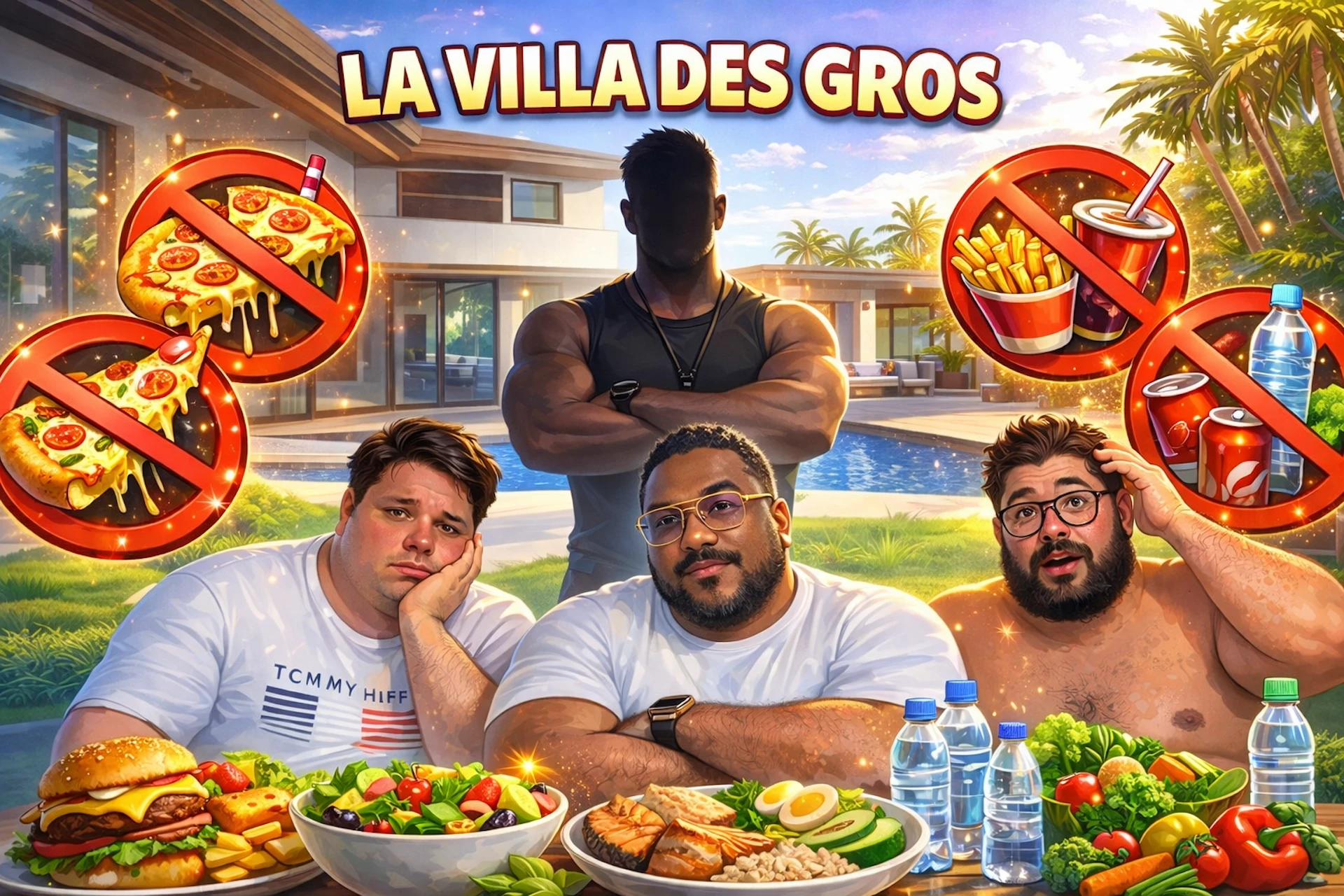 Illustration cartoon montrant trois hommes assis dont le streamer Kick TeufeurS devant une villa avec piscine, entour&eacute;s de nourriture saine et d&rsquo;aliments junk food barr&eacute;s, avec un coach sportif au visage flout&eacute; et le texte &laquo; LA VILLA DES GROS &raquo; en haut de l&rsquo;image