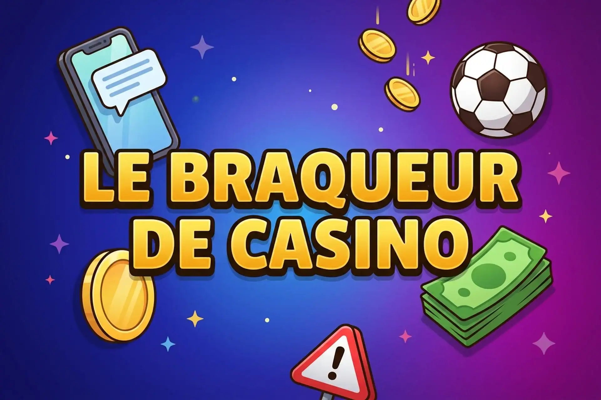 Illustration du braqueur de casino sur Telegram avec un smartphone, un ballon de foot, des pièces dorées et un panneau d'avertissement