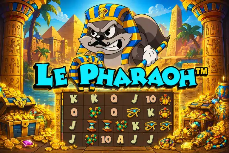 Image de mise en avant de la machine &agrave; sous Le Pharaoh de Hacksaw Gaming avec le raton-laveur pharaon et les rouleaux &eacute;gyptiens
