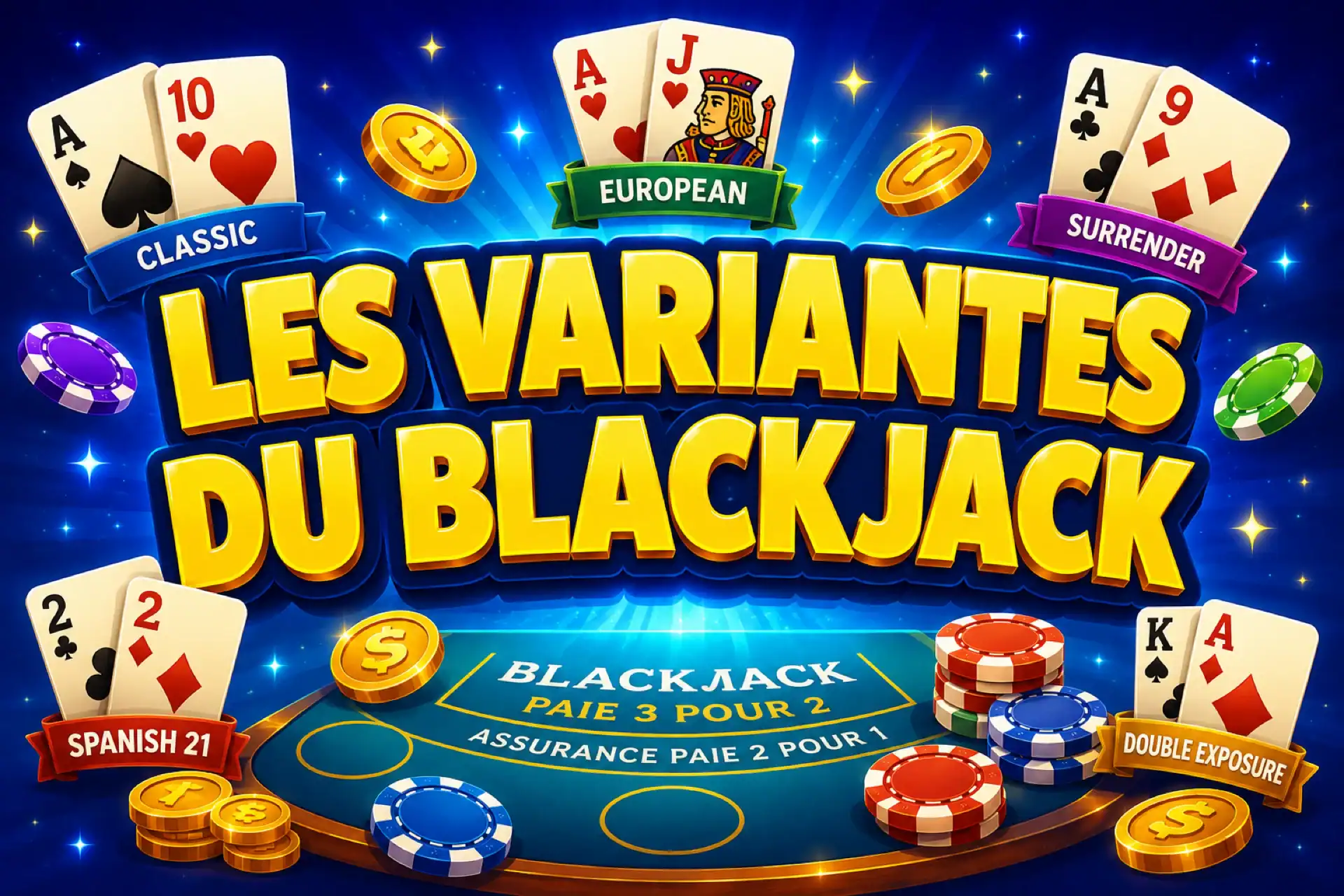 Illustration de la page sur les variantes du blackjack comme classique, européen, surrender, Spanish 21 et double exposure, avec des cartes, des jetons et un tapis qui indique blackjack paie 3 pour 2.