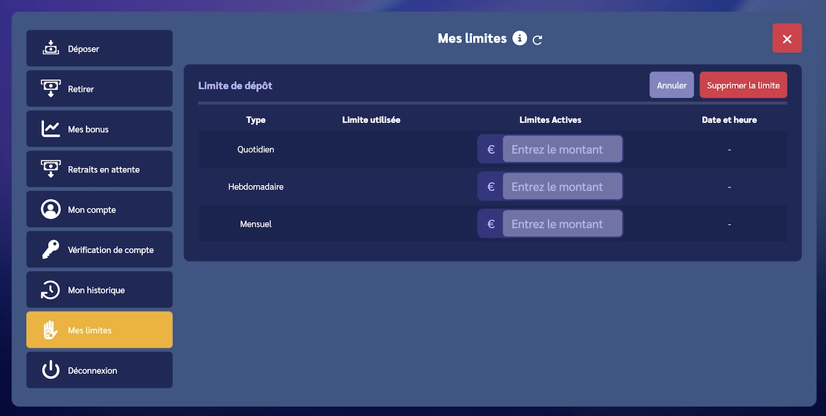 Interface du compte joueur affichant les limites de d&eacute;p&ocirc;t quotidiennes, hebdomadaires et mensuelles, avec options pour d&eacute;finir ou supprimer des plafonds de jeu.