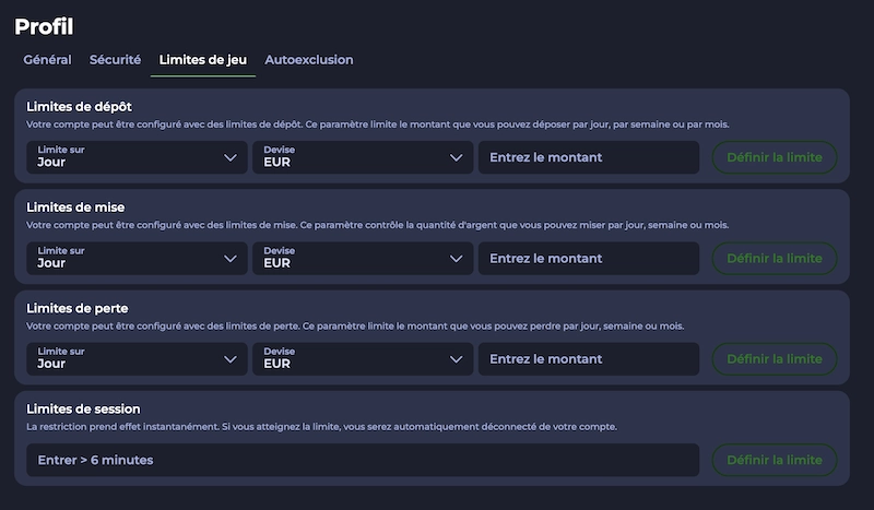 espace limites de jeu dans l'espace joueur de FridayRoll casino pour aider au jeu responsable