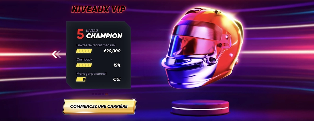 Programme VIP Quickwin Casino niveau 5 Champion avec 20 000 &euro; de retrait mensuel et 15 % de cashback