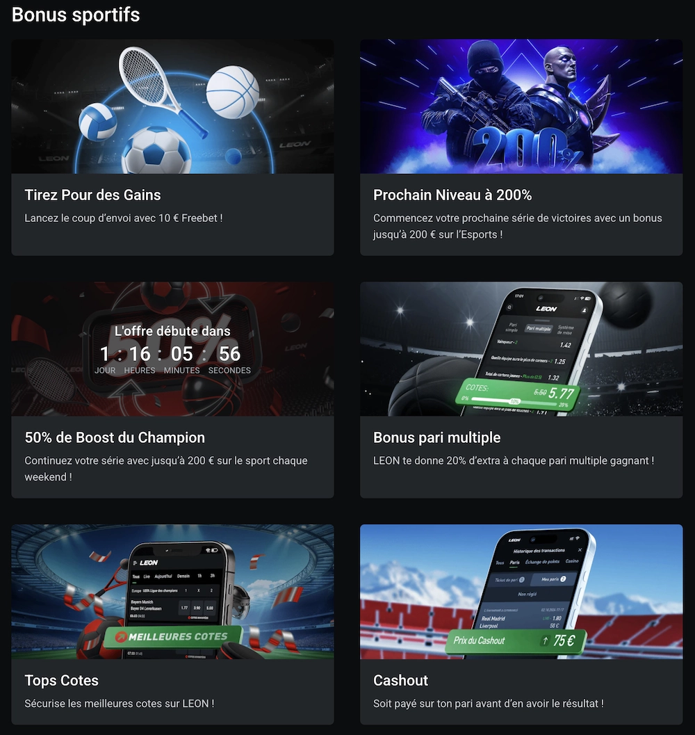 Liste des bonus sportifs disponibles sur Leon Casino avec offres Freebet et Boost