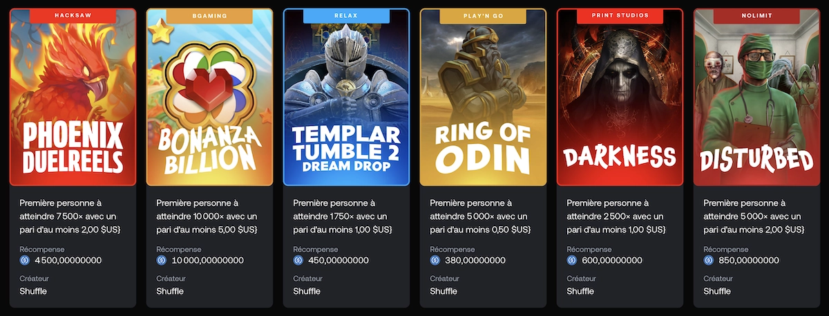 liste des d&eacute;fis sur Shuffle.com casino