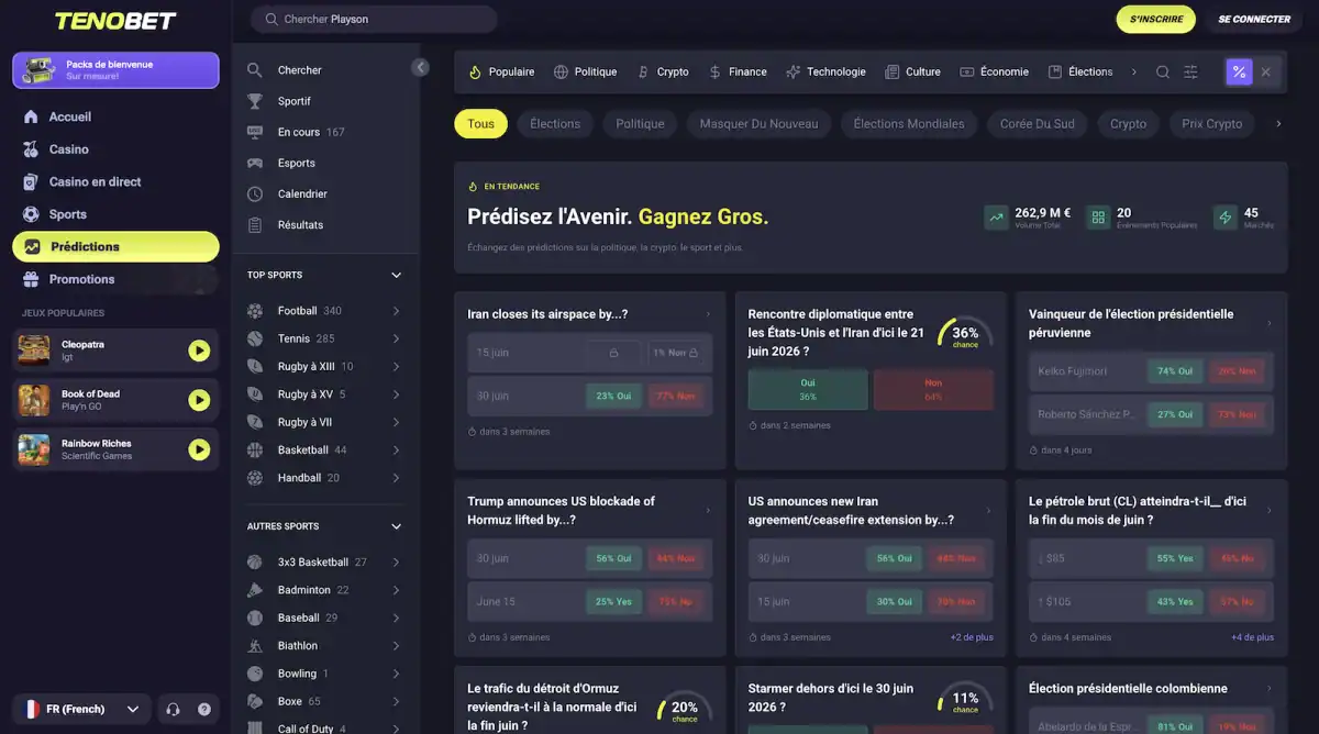 Section marchés de prédiction de Tenobet avec des paris oui ou non sur des évènements de politique, de crypto et d’élections, et un volume total de 262 millions d’euros.