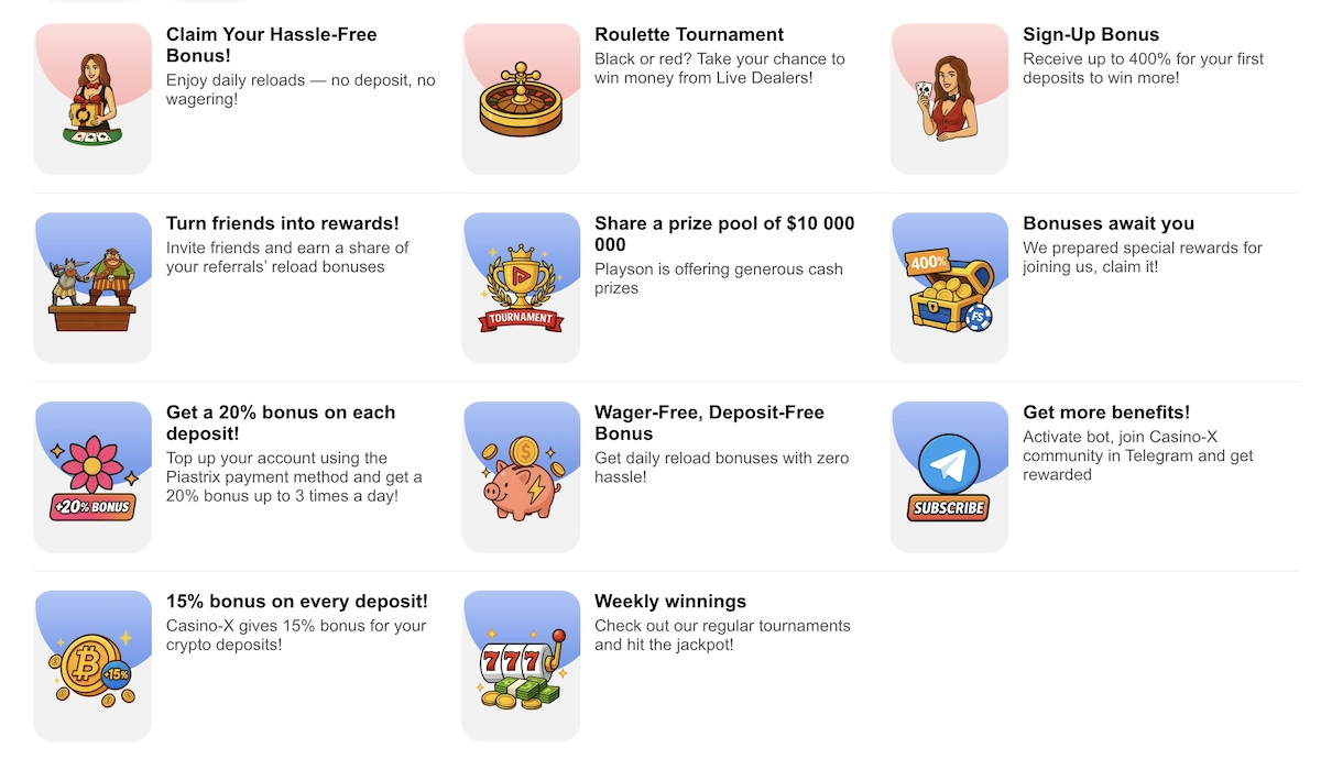 Liste des promotions et bonus de Casino-X affichant bonus sans dépôt, tournois roulette, bonus d’inscription jusqu’à 400 %, cash prizes et récompenses communautaires