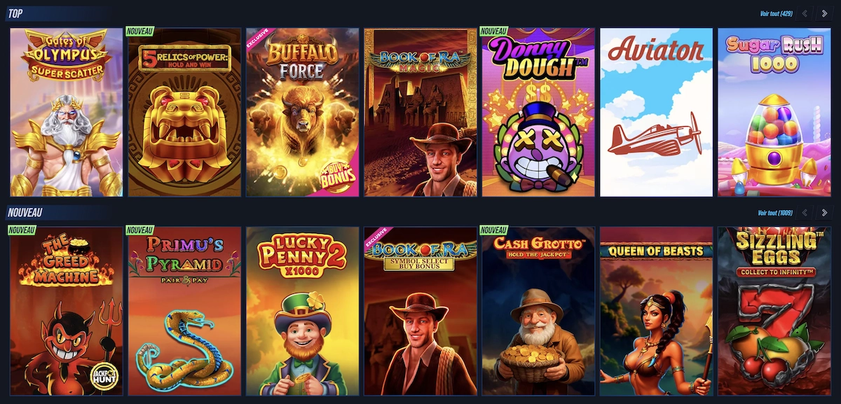 Catalogue des tops et nouveaux jeux de Vegashero Casino incluant Gates of Olympus, Aviator et Sugar Rush 1000.
