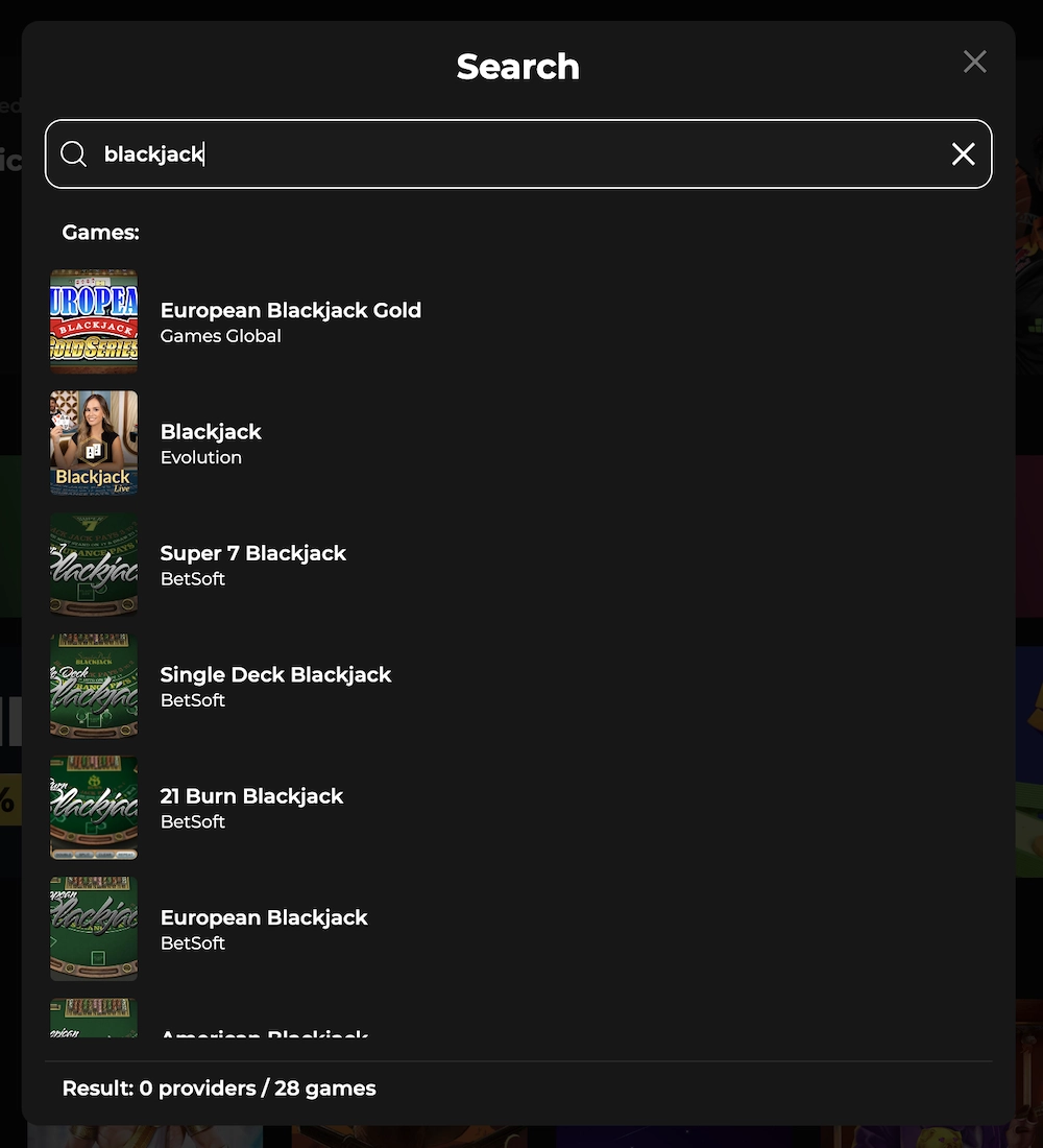 Capture d&rsquo;&eacute;cran montrant la s&eacute;lection de jeux de blackjack sur Betify, incluant European Blackjack Gold, Super 7 Blackjack et 21 Burn Blackjack.