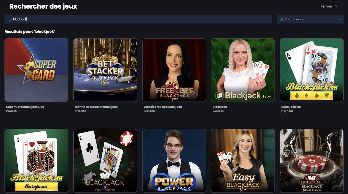 Capture d&rsquo;&eacute;cran montrant la liste des jeux de blackjack disponibles sur Casino Night, incluant des variantes comme Super Card Blackjack Live et Infinite Bet Stacker Blackjack.