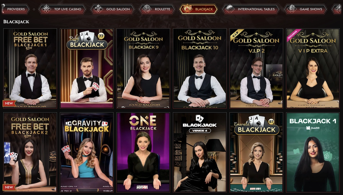 Capture d&rsquo;&eacute;cran affichant les jeux de blackjack sur Legiano Casino, avec des tables Gold Saloon, Gravity Blackjack et One Blackjack.
