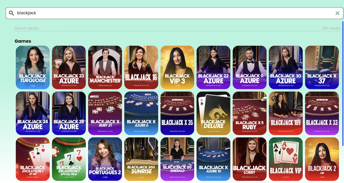 Capture d&rsquo;&eacute;cran des jeux de blackjack propos&eacute;s par Samba Slots Casino, avec de nombreuses variantes Pragmatic Play Live comme Blackjack Azure et Blackjack Ruby.