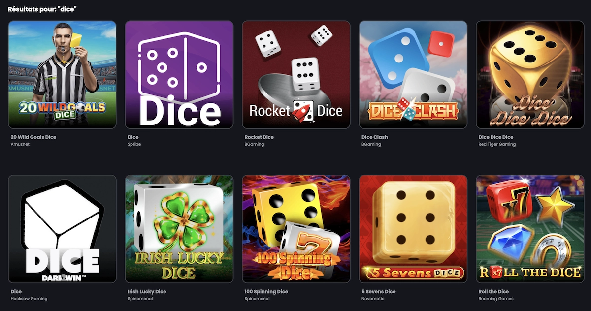 Page de Casino Night pr&eacute;sentant la recherche des meilleurs jeux de d&eacute;s disponibles sur la plateforme.