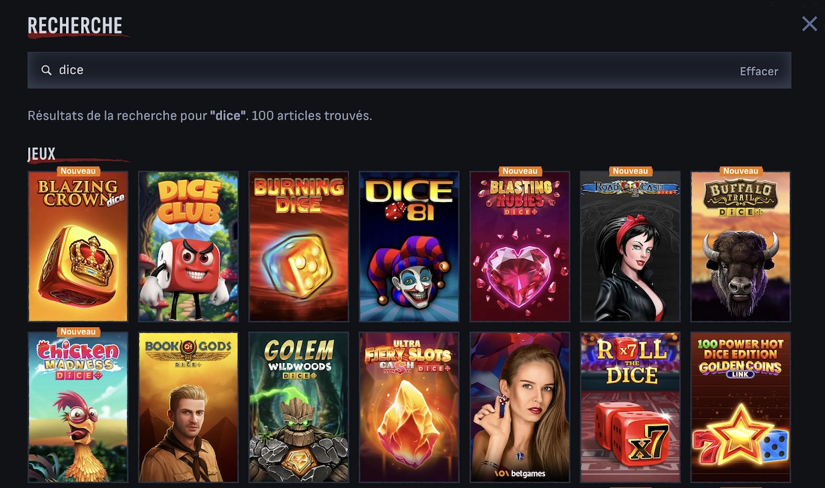 Capture de l&rsquo;interface de Mafia Casino montrant la s&eacute;lection compl&egrave;te de jeux de d&eacute;s disponibles en ligne.