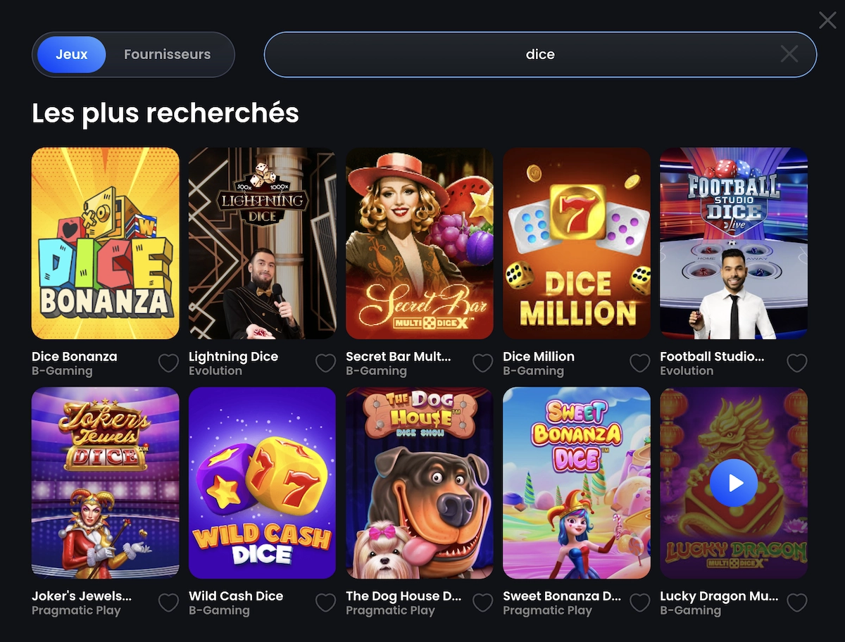 S&eacute;lection de jeux de d&eacute;s visibles sur MonacoJack Casino, incluant les titres les plus recherch&eacute;s.