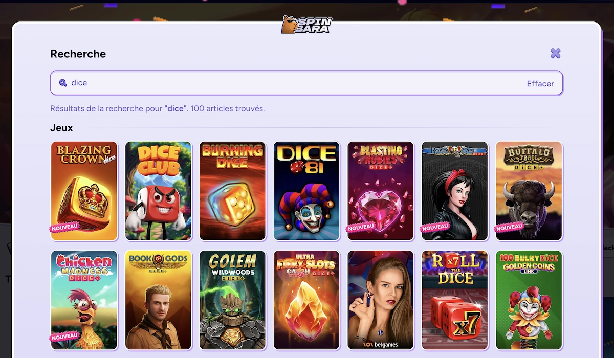 Aper&ccedil;u des jeux de d&eacute;s accessibles sur Spinbara Casino avec affichage des titres les plus populaires.