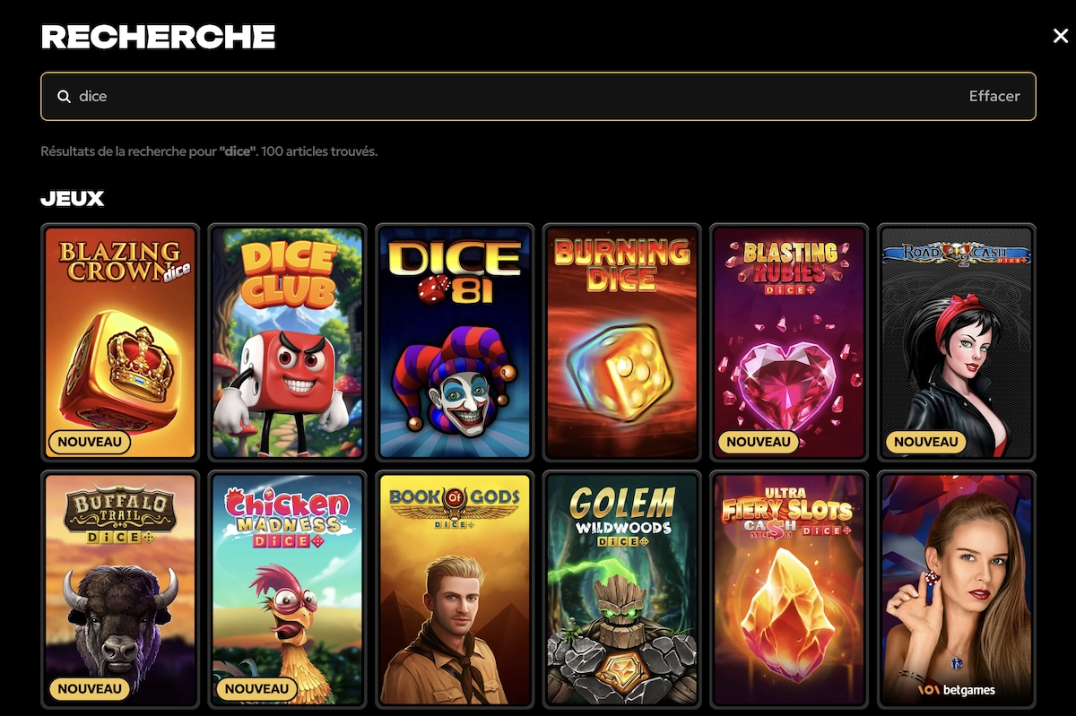 Pr&eacute;sentation visuelle des jeux de d&eacute;s propos&eacute;s sur Spinsy Casino avec leurs vignettes color&eacute;es.