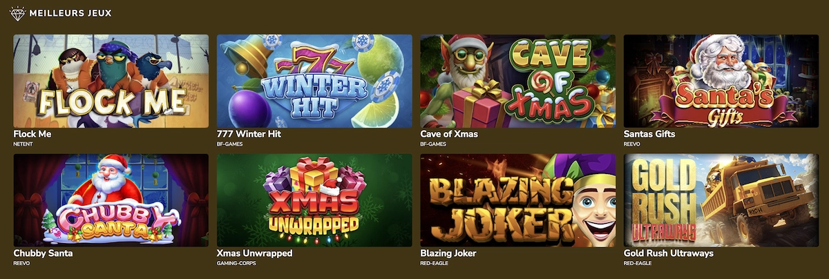 Liste des meilleurs jeux sur Kings Chance Casino incluant Flock Me, 777 Winter Hit, Cave of Xmas, Santa&rsquo;s Gifts et d&rsquo;autres machines &agrave; sous populaires