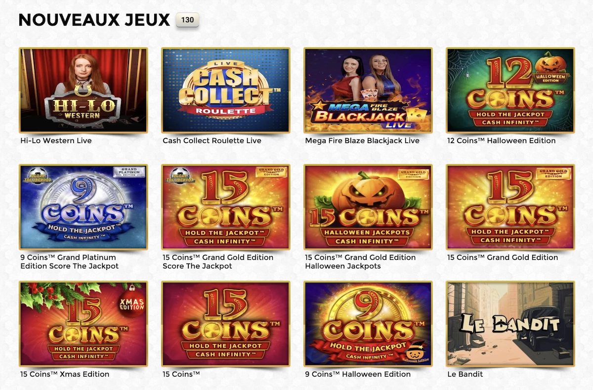 Liste des nouveaux jeux sur Win Unique Casino avec titres populaires comme 9 Coins et Le Bandit