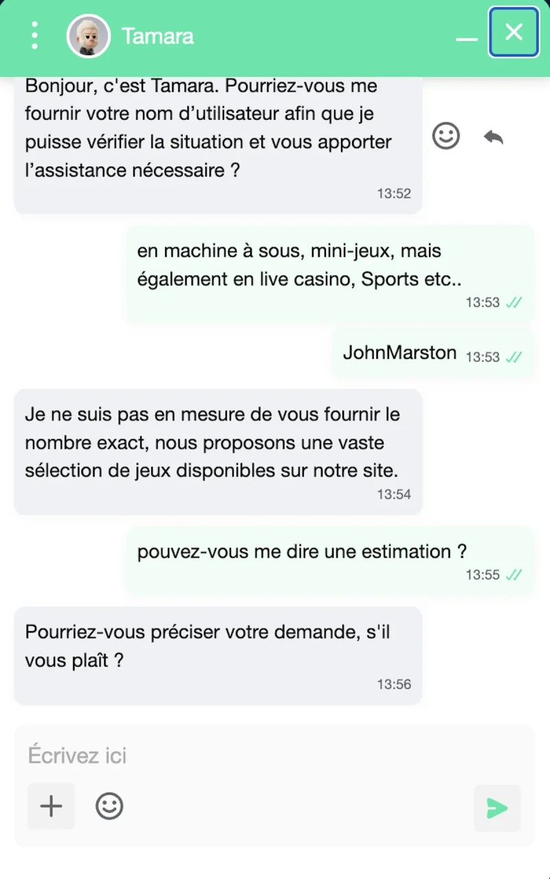 Fen&ecirc;tre de live chat Rolletto montrant une conversation avec le support client en fran&ccedil;ais