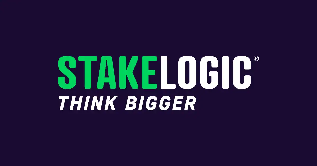 Le logo de StakeLogic, fournisseur de jeux de casino, en lettres blanches sur fond violet foncé.