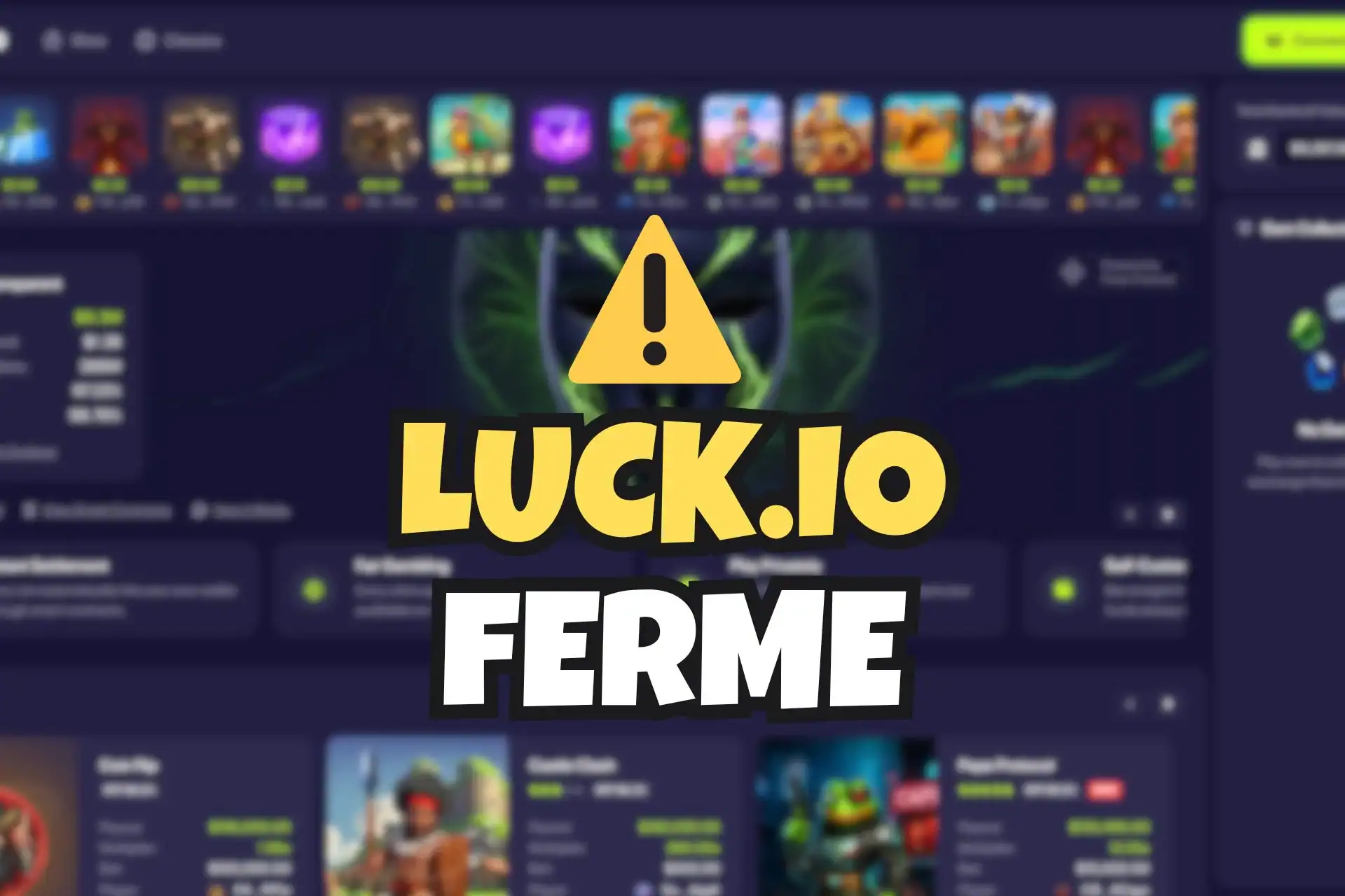 Image de mise en avant de l'article sur la fermeture de Luck.io avec le logo du casino en arrière-plan flou et le texte Luck.io Ferme en gros caractères jaunes et blancs.