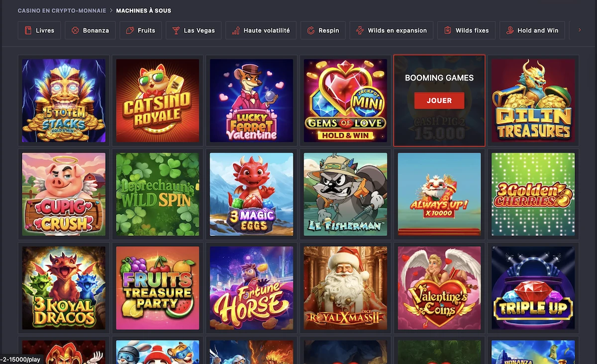 Catalogue machines &agrave; sous Anon Casino avec filtres Hold and Win et Megaways