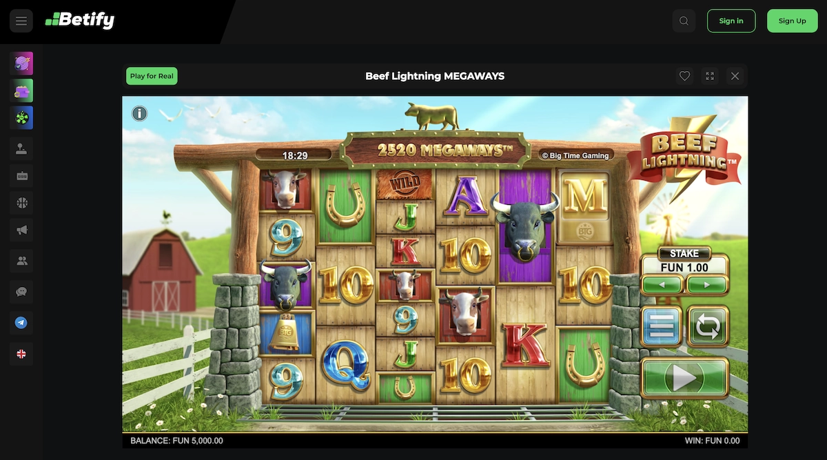 capture d'&eacute;cran de la machine a sous Beef Lightning Megaways de Big Time Gaming sur le site du casino en ligne Megawin