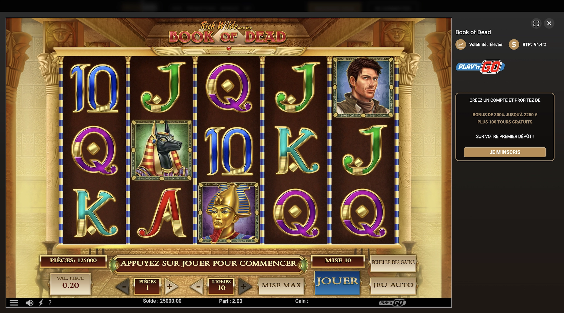 capture d'&eacute;cran de la machine a sous Book of Dead de Play'n Go sur le site du casino en ligne Megawin