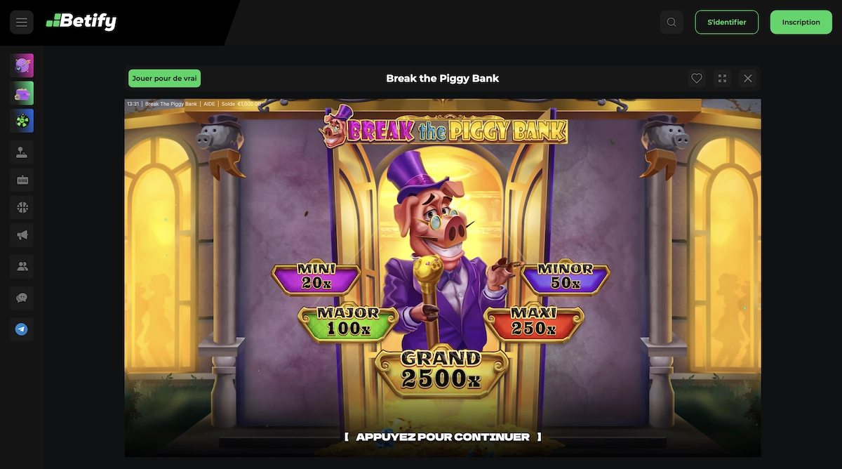 capture d'&eacute;cran de la version d&eacute;mo gratuite de la machine &agrave; sous Break The Piggy Bank sur le site de jeu crypto Betify