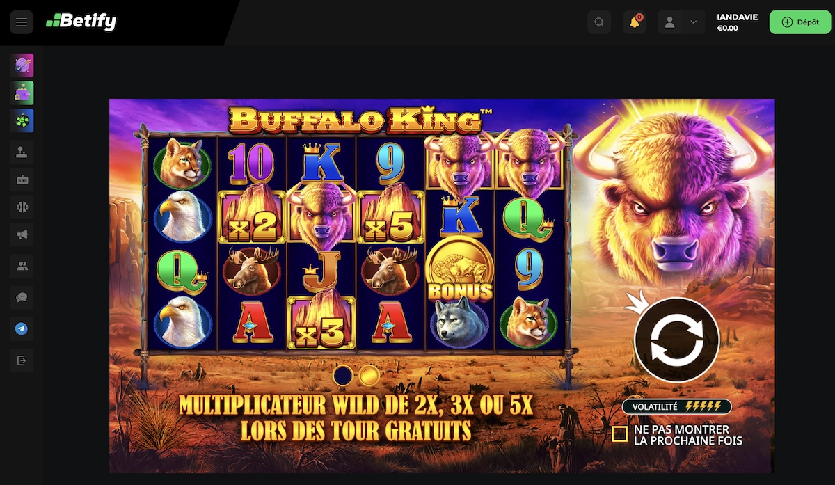 capture d'écran du mode démo de la machine à sous Buffalo King de Pragmatic Play sur Betify