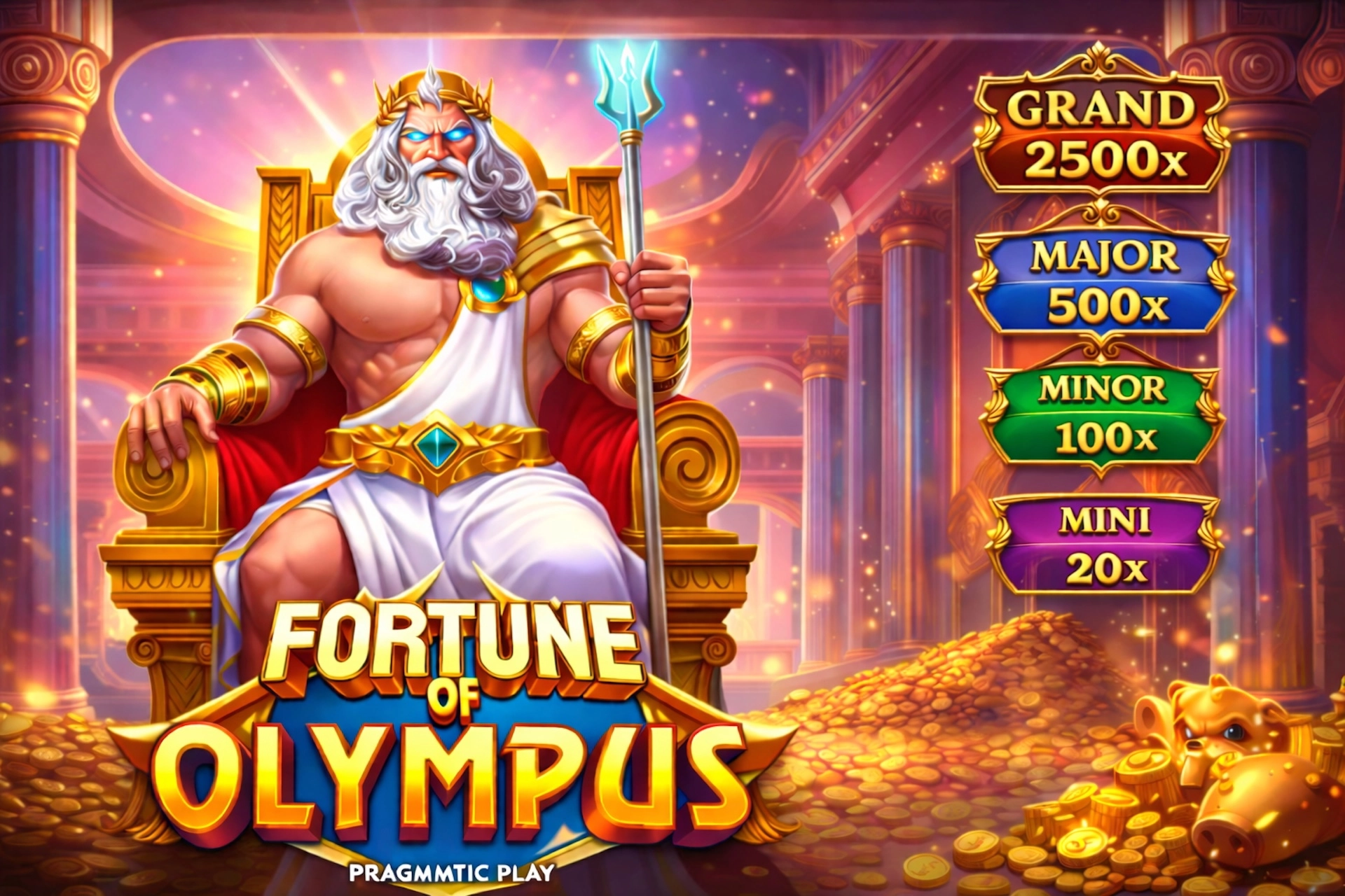 Illustration &eacute;pique de la machine &agrave; sous Fortune of Olympus de Pragmatic Play avec Zeus assis sur un tr&ocirc;ne dor&eacute;, trident &agrave; la main, entour&eacute; de colonnes grecques et de pi&egrave;ces d&rsquo;or, style cartoon sans interface de jeu pour Casinotan