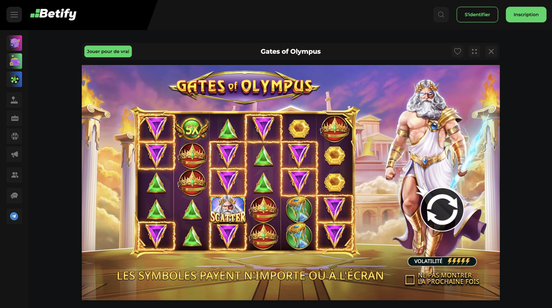 capture d'&eacute;cran de la machine a sous Gates of Olympus de Pragmatic Play sur le site du casino en ligne Betify