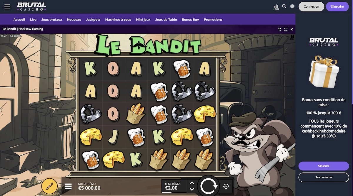 capture d'&eacute;cran d'une partie gratuite de la machine &agrave; sous Le Bandit de Hacksaw Gaming sur le casino en ligne Brutal