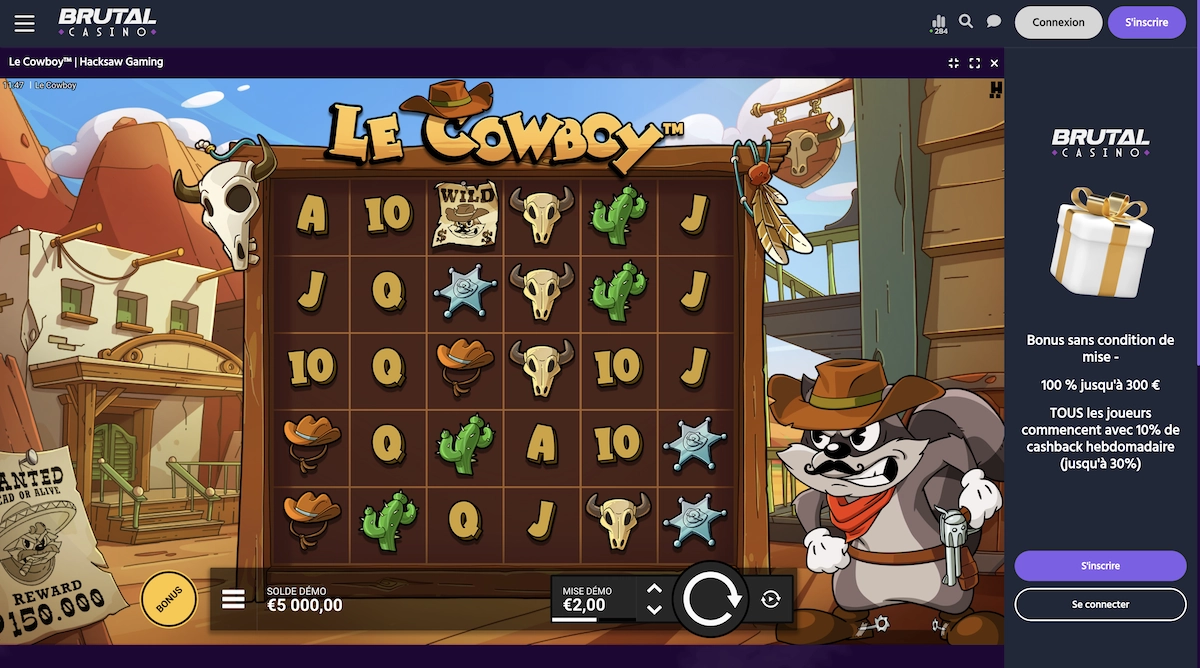 capture d'&eacute;cran de la machine &agrave; sous Le Cowboy de Hacksaw Gaming sur le casino en ligne Brutal