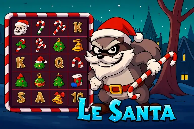 Visuel cartoon de la machine à sous Le Santa avec raton laveur déguisé en Père Noël et décor hivernal festif