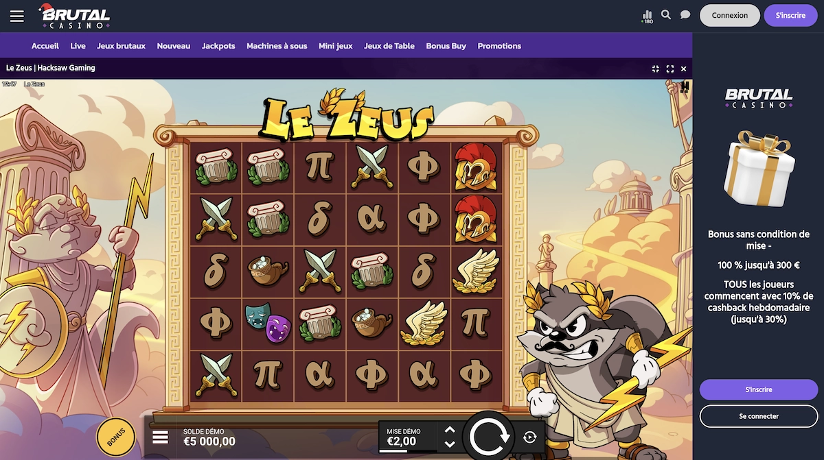Machine &agrave; sous Le Zeus sur Brutal Casino avec un d&eacute;cor inspir&eacute; de la mythologie grecque, des symboles antiques, des animations lumineuses et une grille de jeu en plein &eacute;cran.
