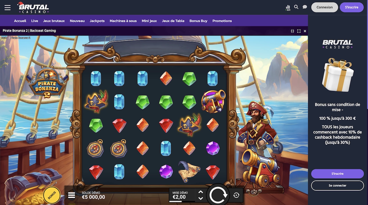 Capture d&rsquo;&eacute;cran de la machine &agrave; sous Pirate Bonanza 2 de Backseat Gaming sur Brutal Casino, avec une grille de symboles color&eacute;s sur un navire pirate, un capitaine barbu &agrave; droite, un coffre rempli d&rsquo;or &agrave; gauche et un d&eacute;cor de mer et de montagnes en arri&egrave;re-plan.