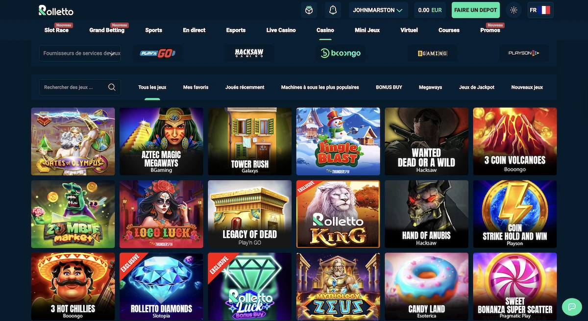 Catalogue de machines &agrave; sous sur Rolletto avec jeux populaires et fournisseurs visibles