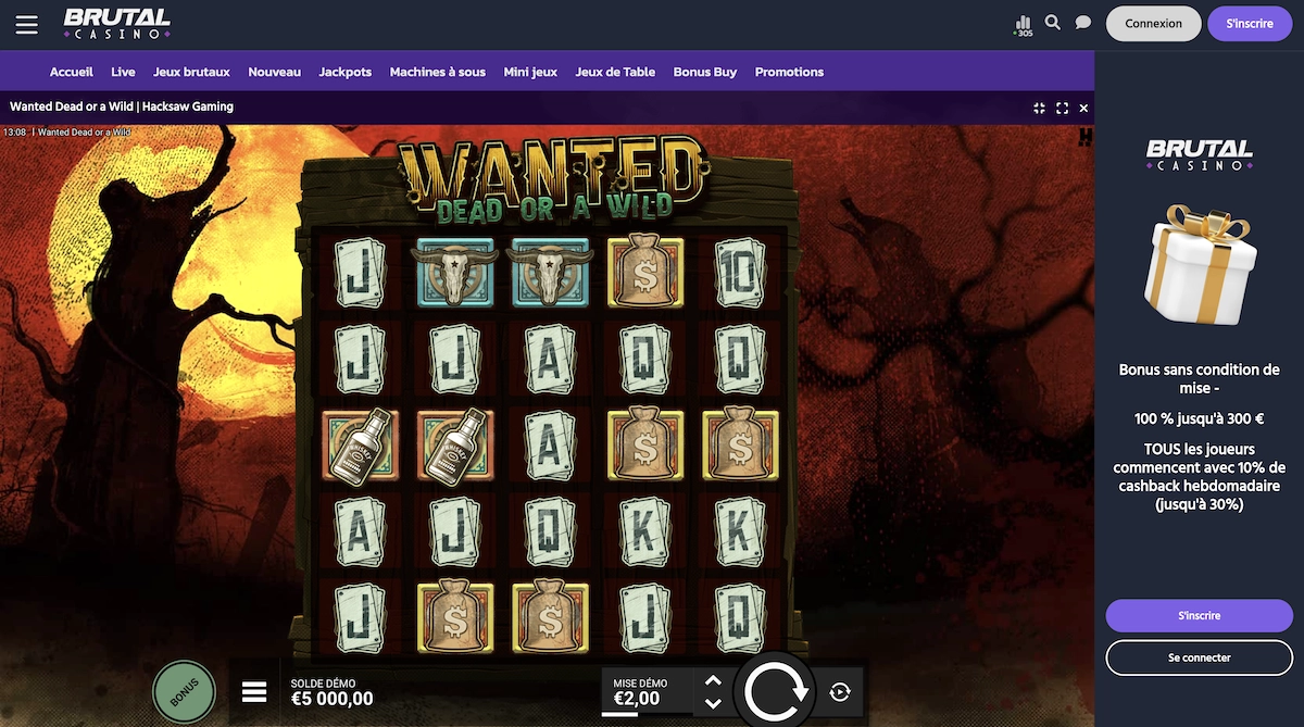 capture d'&eacute;cran de la machine &agrave; sous Dead or a Wild sur le site de Brutal Casino