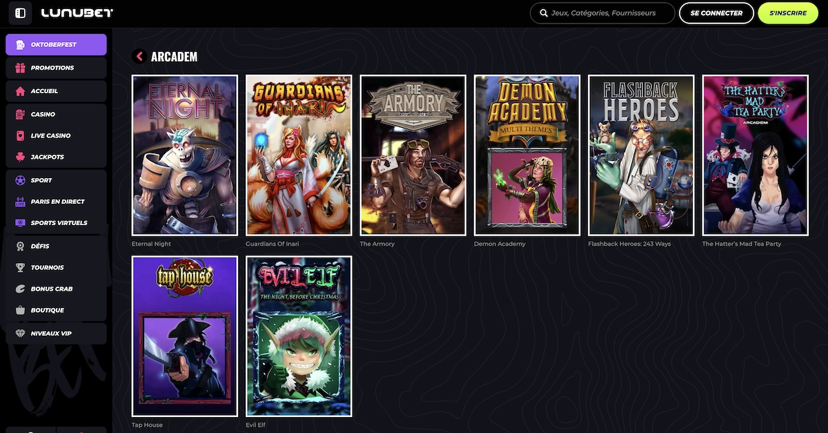 selection de machines à sous du fournisseur de jeux Arcadem sur le site de Lunubet