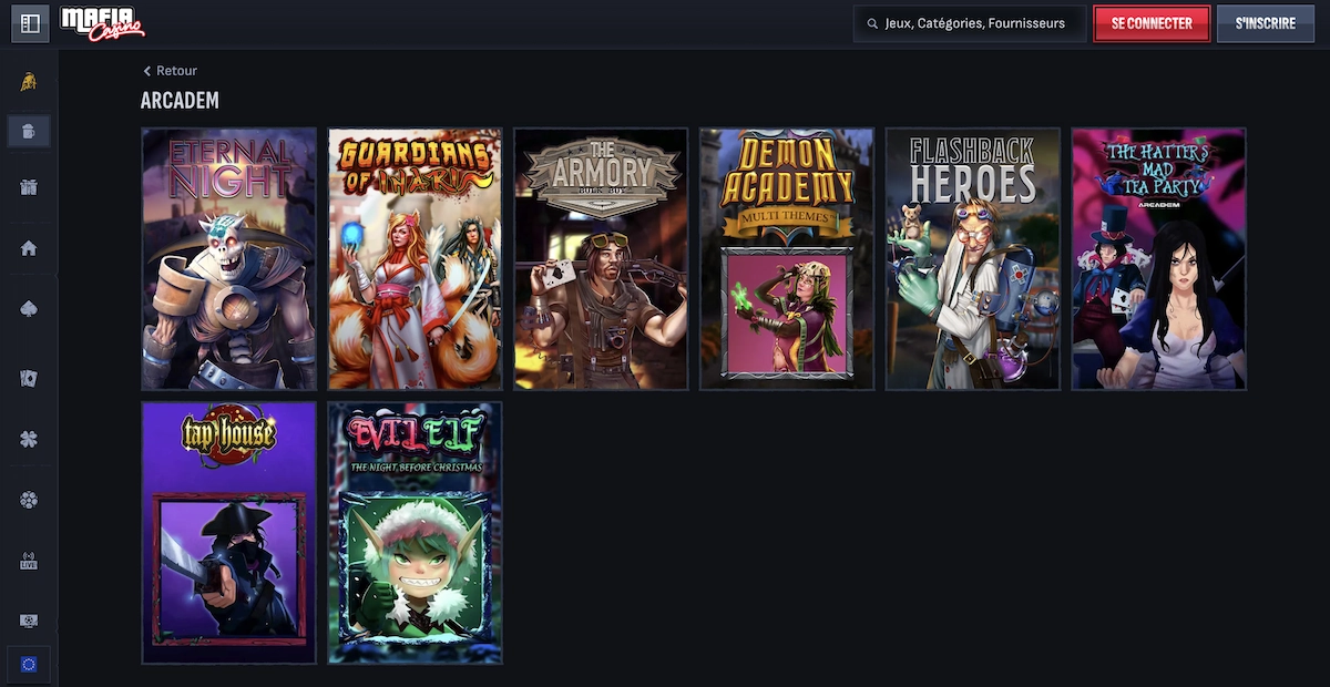 selection de machines à sous du fournisseur de jeux Arcadem sur le site de Mafia Casino