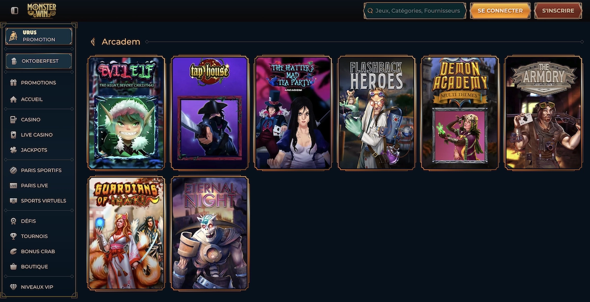 selection de machines à sous du fournisseur de jeux Arcadem sur le site de Monsterwin Casino