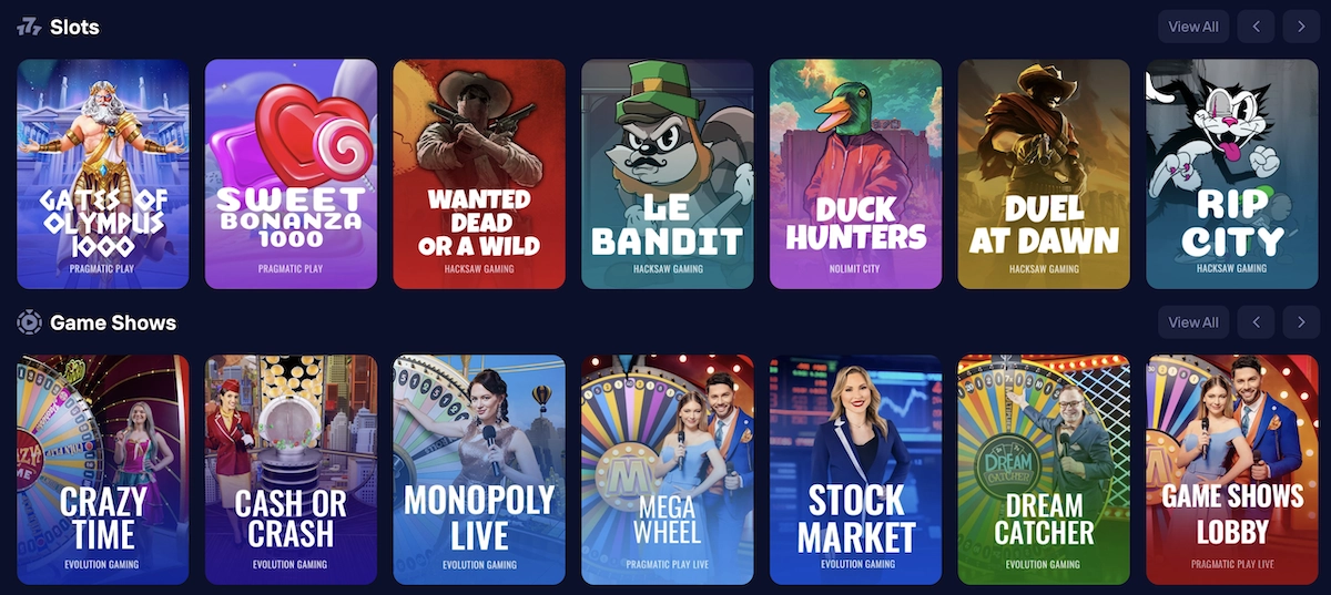 S&eacute;lection de machines &agrave; sous et de game shows sur Duel.com avec Gates of Olympus, Sweet Bonanza et Crazy Time affich&eacute;s