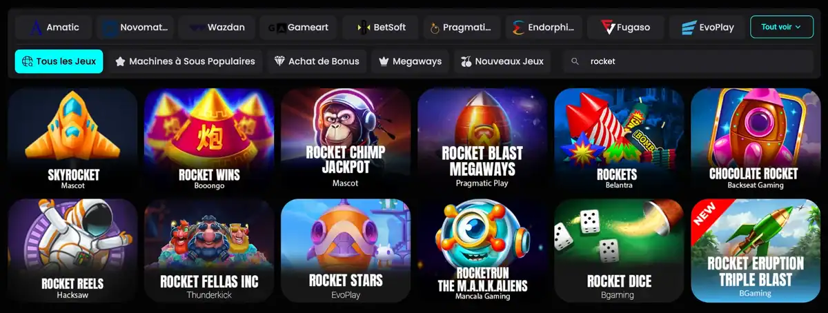 La recherche rocket sur Cosmobet Casino sort 12 jeux pour les fans du jeu de la fusée, dont Skyrocket et Rocket Chimp Jackpot.